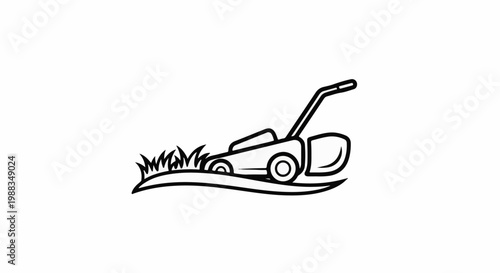 A simple line drawing depicts a lawn mower cutting grass on a white background