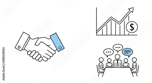 Business meeting handshake graph and discussion icons.