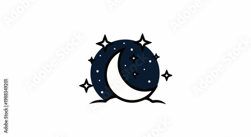 A crescent moon shines brightly amidst a starry, dark night sky