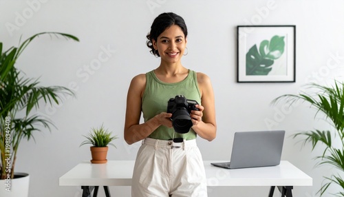 Wallpaper Mural Smiling Photographer Holding Camera in Bright Studio Setting. Torontodigital.ca
