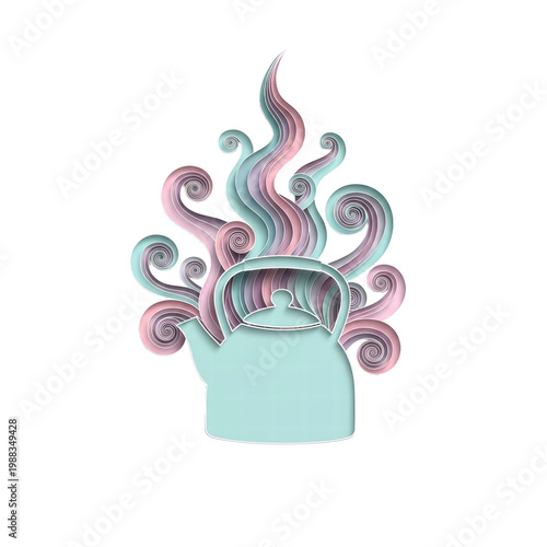 Stylized teapot with swirling pastel steam paper cut design
