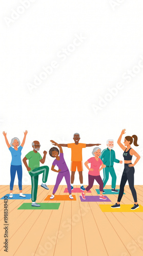 Group of Diverse Senior People Doing Aerobics and Stretching in Fitness Class