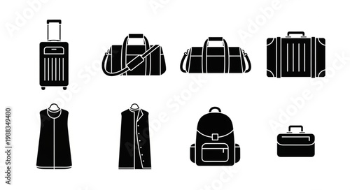 Collection of luggage and travel bags silhouette icons.