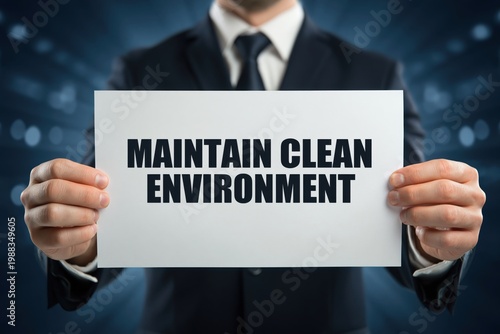 Man in a suit holding a sign with the message Maintain Clean Environment