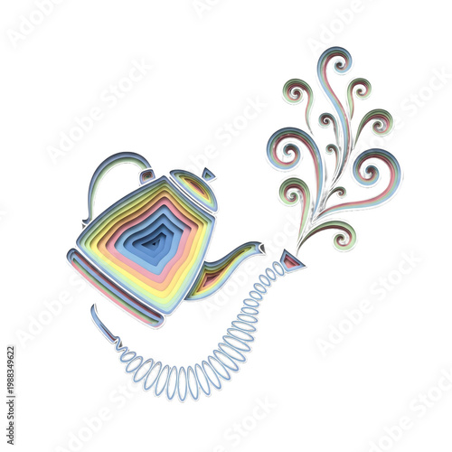 Colorful quilled watering can pouring layered steam