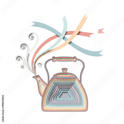 Paper cut layered kettle with pastel steam ribbons