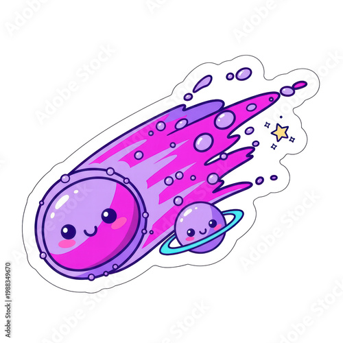Cute cartoon comet and planet illustration with colorful space trail