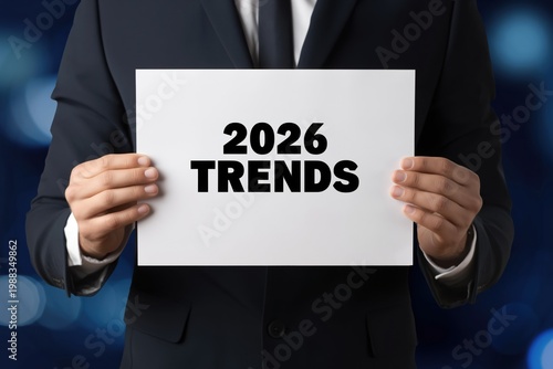 Businessman presents a sign highlighting the upcoming 2026 Trends