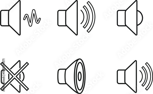 A collection of six distinct thin line icons representing various audio and sound volume settings Vector