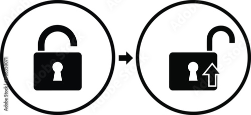 A graphic illustration showing a transition from a closed padlock to an open padlock icon design. Vector