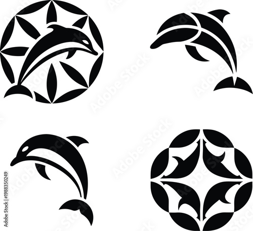 Set of Four Dolphin Logo Icons in Tribal and Geometric Vector Style, Abstract Marine Life Emblems Featuring Dolphin Silhouettes and Circular Mandala Designs