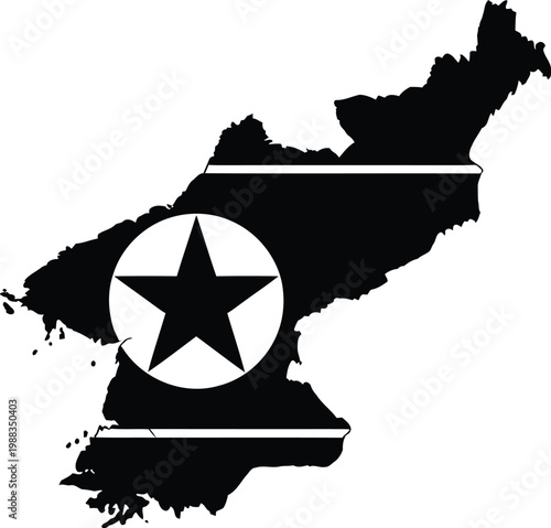 A black and white graphic illustration depicting the geographical map outline of north korea. Vector
