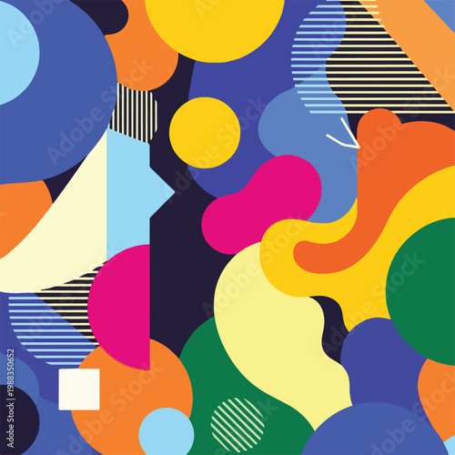 A vibrant abstract composition featuring colorful shapes, lines, and textures