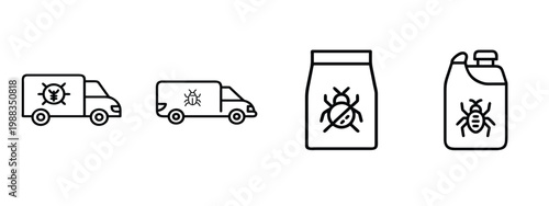 Pest control service delivery truck insecticide bait bag and liquid pesticide chemical container & more vector illustration with editable stroke.