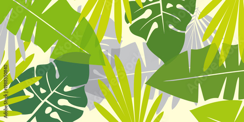 Leaves background with summer fun design concept, abstract illustration with exotic jungle leaves, colorful design, summer background, tropical leaves.Tropical leaf background, palm leaves, monstera