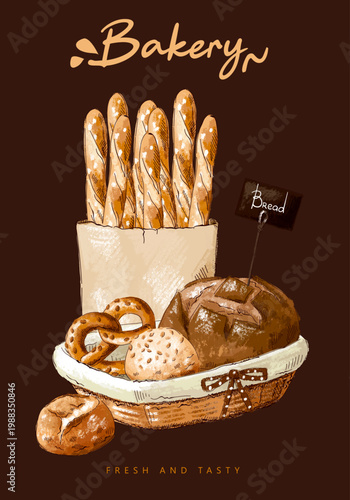 Composition with different types of bread, baked goods in wicker basket with brown bow, kraft bag. Imitation of pastels, hand-drawn.