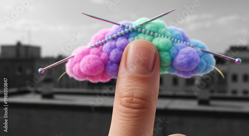 Macro: Hyperrealistic finger knitting colossal pastel cloud in surreal urban sky, rich texture, Gen Z humor