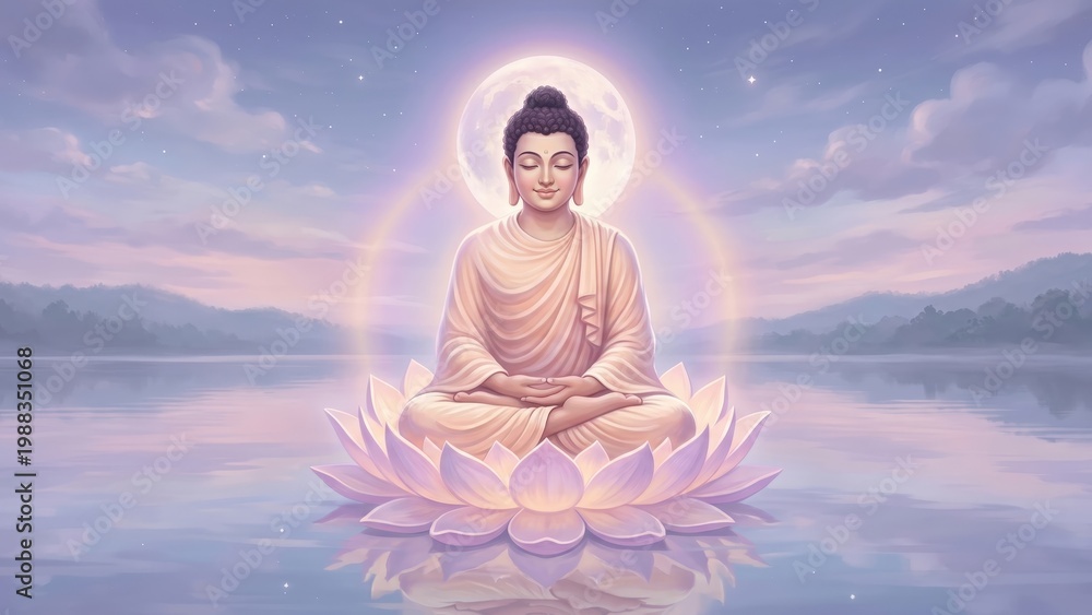 Fototapeta premium Buddha sitting in lotus flower peacefully