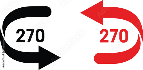 Black and red circular arrows with the number two hundred seventy indicating a rotation degree. Vector