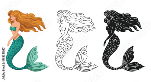 Mermaid illustration set with colorful and black white versions available