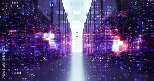 High performance computing servers with abstract digital data overlays. Technology And AI Related 3D Animation.