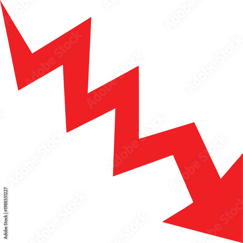 A red jagged arrow pointing downwards on a plain white background representing a decline trend Vector