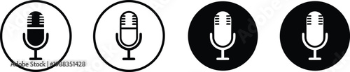 A set of four circular microphone icons featuring both outline and solid black design variations Vector
