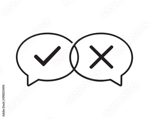 Chat bubbles with check and cross icons representing feedback approval and rejection concept