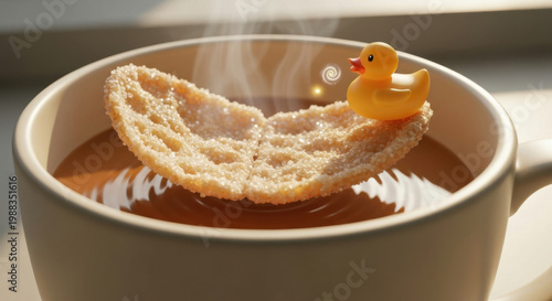 Close-up of a giant frosted cereal flake with a tiny rubber duck floating in a steaming coffee mug, surreal morning humor