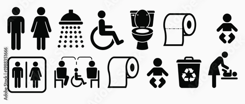 WC icon set. Toilet, restroom, man and woman, bathroom, disabled, dumpster, toilet paper, infant - stock vector.
