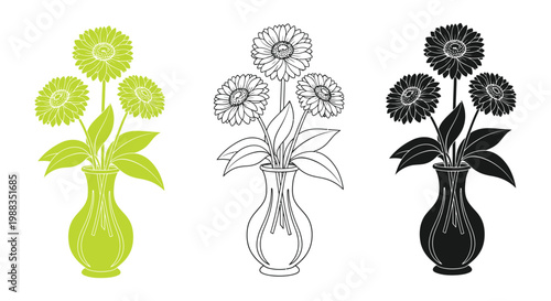 Flower illustration of dandelions in vase vector graphics set