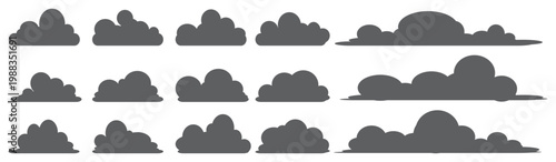 a series of black clumpy cloud vector illustrations, dark cloud bubbles in flat style on a white background