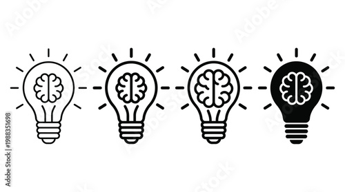 Brain in light bulb icon set. Creative, generating idea, solution , knowledge, lamp - stock vector.