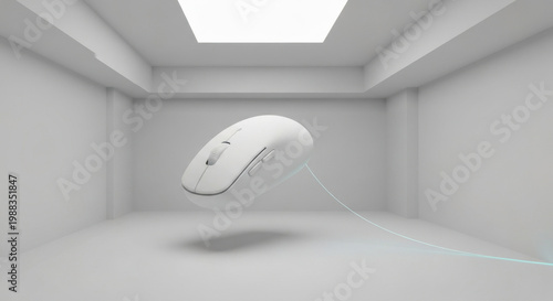 Colossal Puffy White Computer Mouse Suspended in Sterile Minimalist Room with Glowing Fiber Optic Cable, Absurd Digital Humor