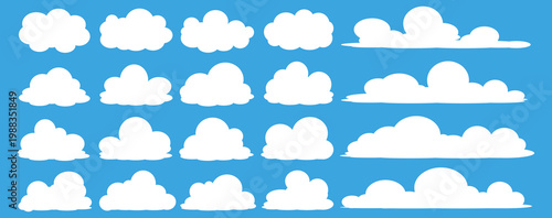 set of vector illustrations of clumpy clouds, cloud bubbles in flat style on a blue background	
