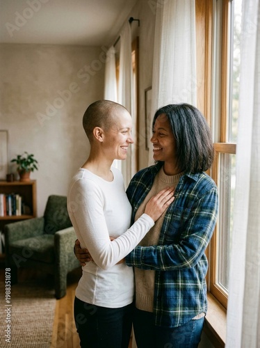 Diverse couple embracing smiling at home window