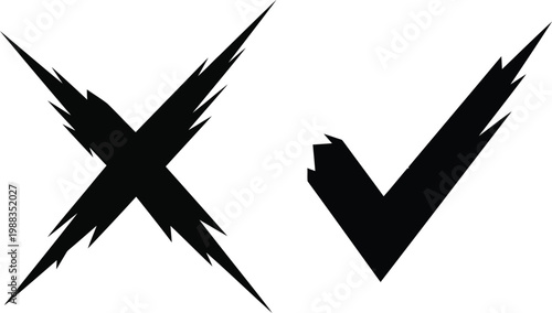 A pair of hand drawn brush stroke style icons representing a cross and a check mark on white Vector
