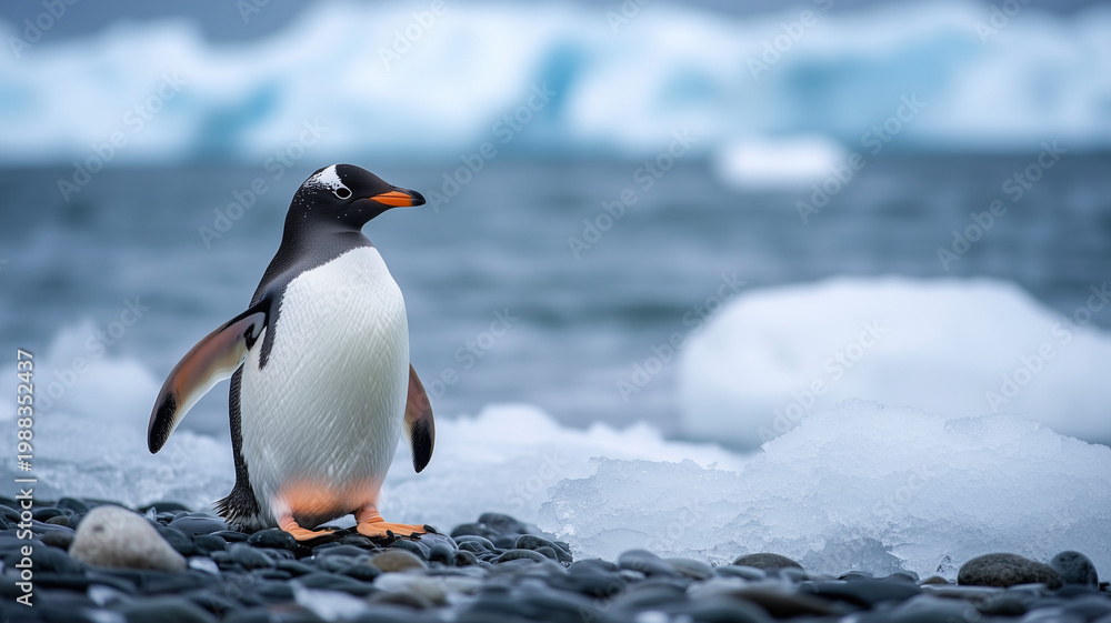Obraz premium A penguin standing on a rocky beach with ice and water in the background.