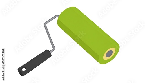 Isometric illustration of a paint roller with a green cylinder, gray handle, and a black grip, depicted on a white background