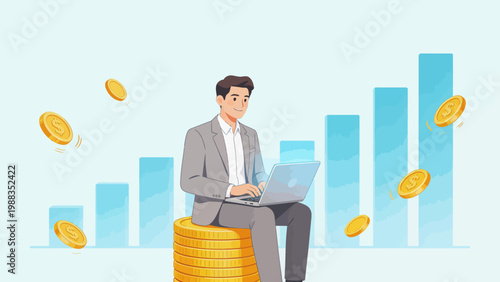 Businessman on coins with laptop