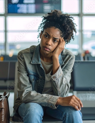 A young woman sits in an airport, looking weary. She wears a jean jacket and jeans, resting her head in her hand