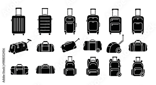 Collection of various travel luggage and bags silhouettes.