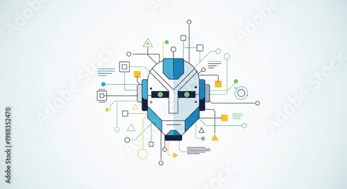 Futuristic robot head with technological schematic elements.