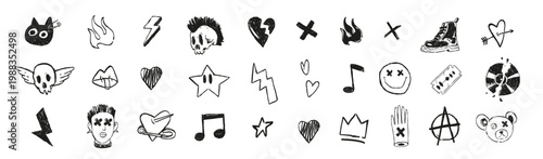 Punk Rock Grunge Doodle Icon Set with Skulls, Lightning, Hearts, Music Symbols and Rebel Street Elements.