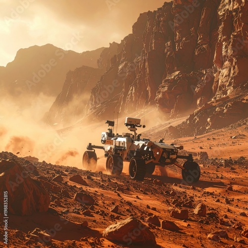 autonomous rover exploring rugged alien planet terrain, dusty mars landscape, planetary science research, space exploration, extreme environment, sci-fi