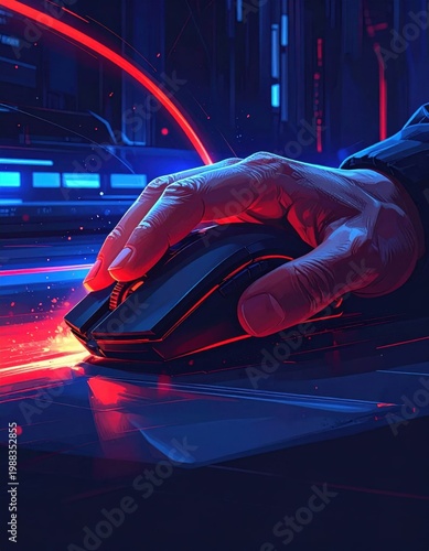 Close up of a hand operating a modern gaming mouse in a dark room with neon red and blue light, digital cyber sports and gaming performance