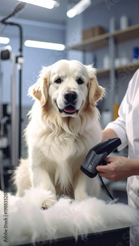 Golden retriever sitting on grooming table while groomer dries long fur with professional dryer, pet care services, veterinary hygiene maintenance