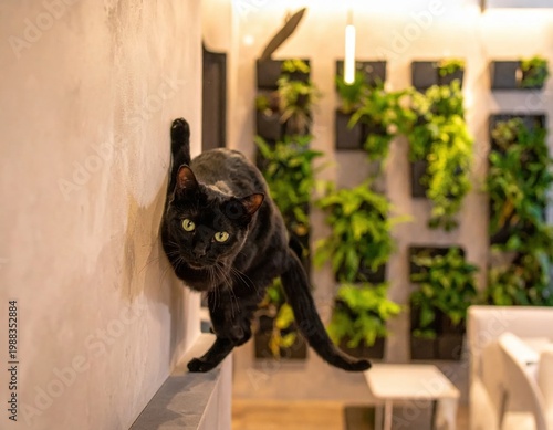 Black cat climbing on a textured concrete wall, lively pet behavior in a modern indoor home garden with vertical plant panels, curious feline activity