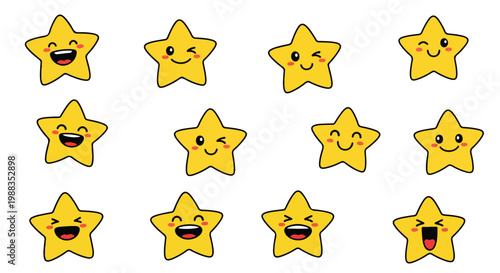 Kawaii star emoji collection, cute yellow cartoon star characters with happy faces, set of 12 expressive star icons for children decoration and stickers