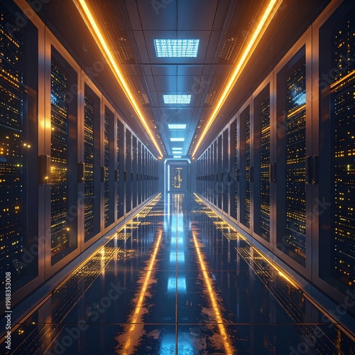 Modern data center corridor with rows of server racks, glowing orange neon lights reflecting on glossy floor, technology infrastructure and cloud computing